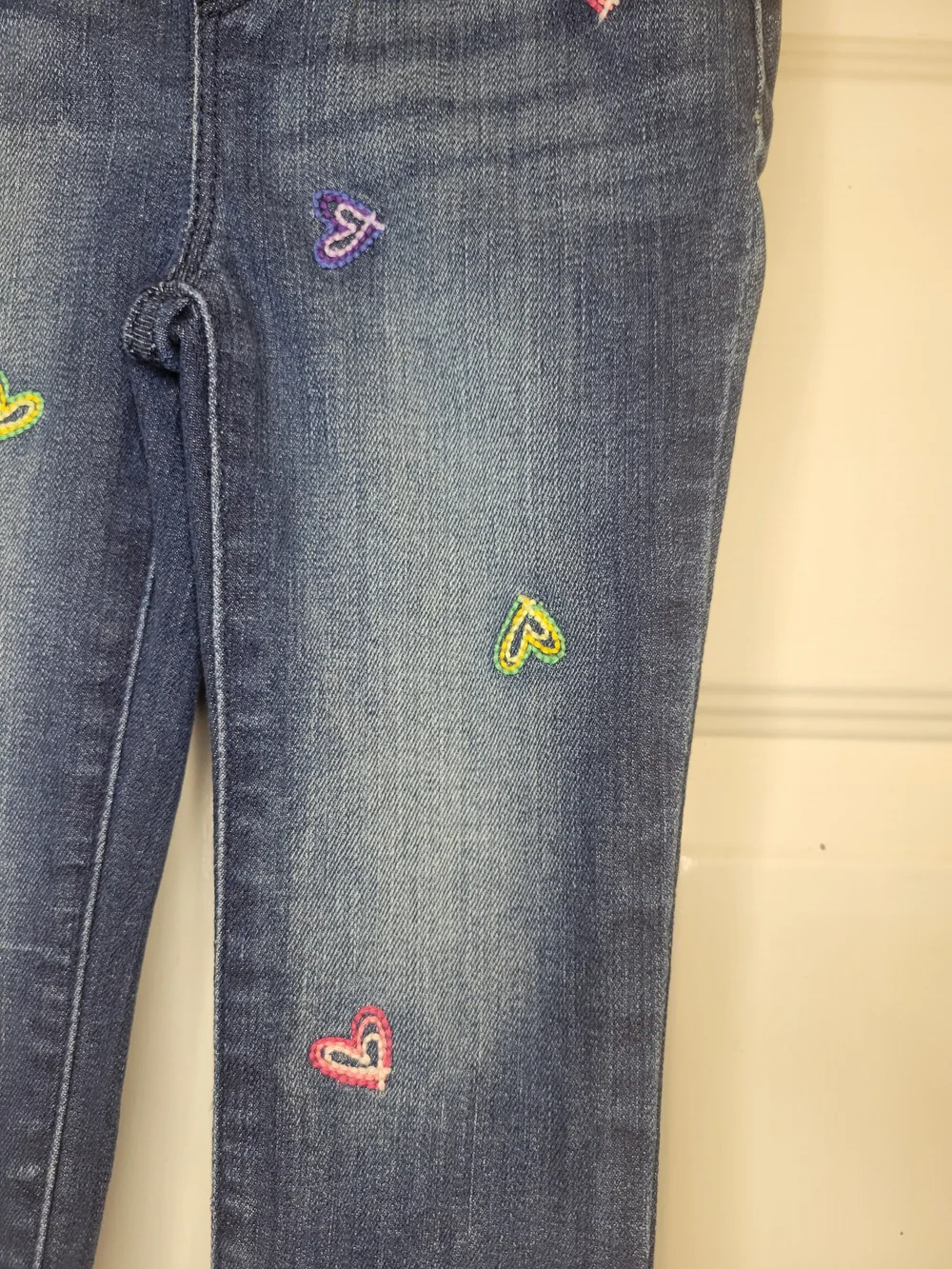 GAP Girls Dark Wash Denim Jeans with Colorful Heart Embroidery